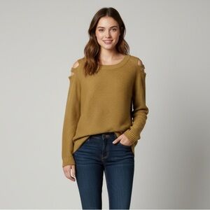 Venus Tan Cutout Shoulder Scoop Neck Acrylic Ribbed Long Sleeve Sweater Large